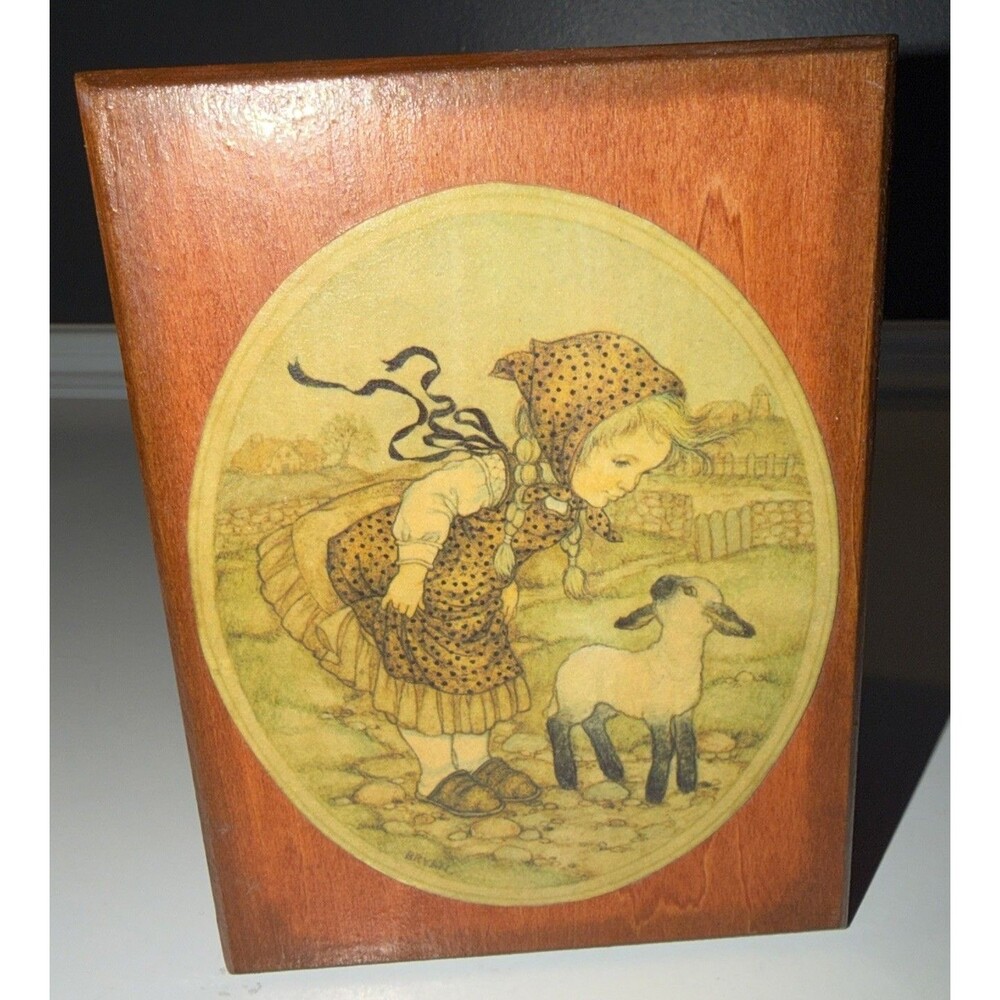 Vintage Wood Jewelry Storage Decor Box Square 4”x6” Girl Lamb Farm Cottage Gift